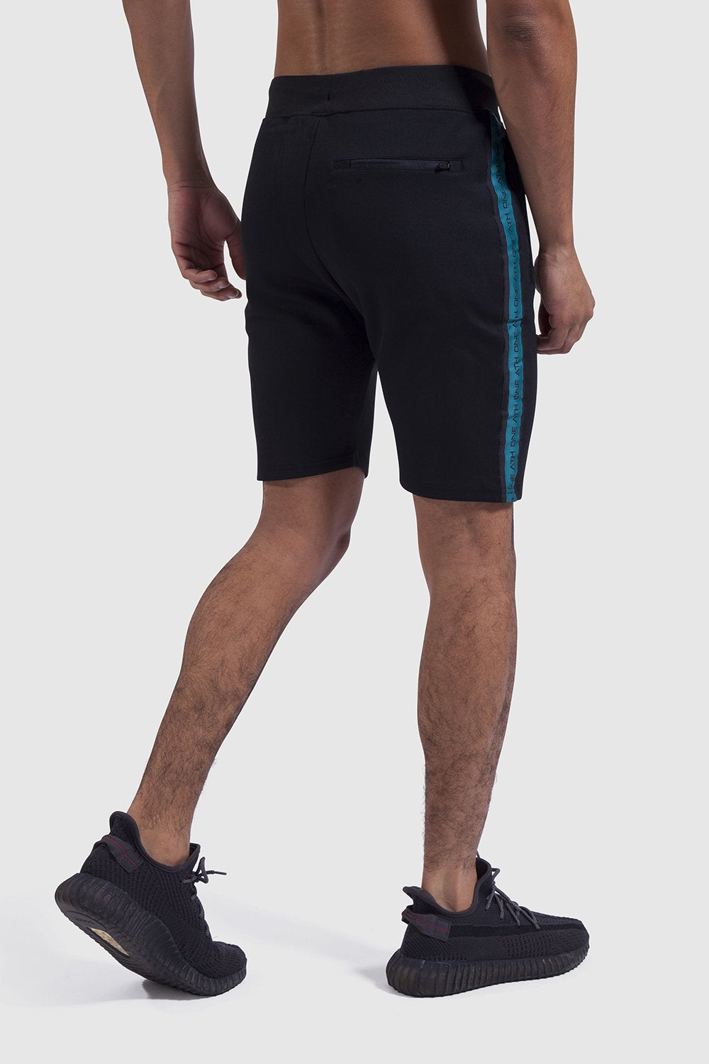 Tape detail in Black/Teal mens gym shorts