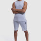 athlete wearing mens gym shorts and vest