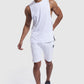 model wearing gym shorts and vest