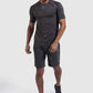 Model wearing khaki training top & shorts