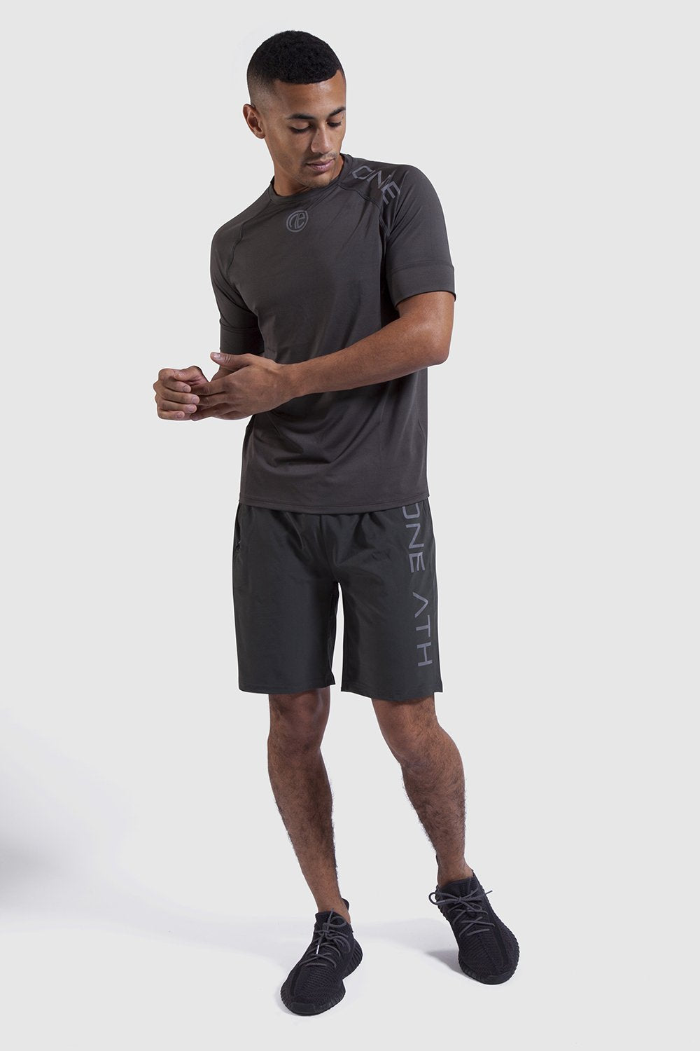 Mens gym tops and shorts in khaki